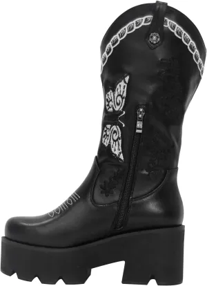 richealnini Mid Calf Boots for Women Embroidered Pull-On Knee High Booties