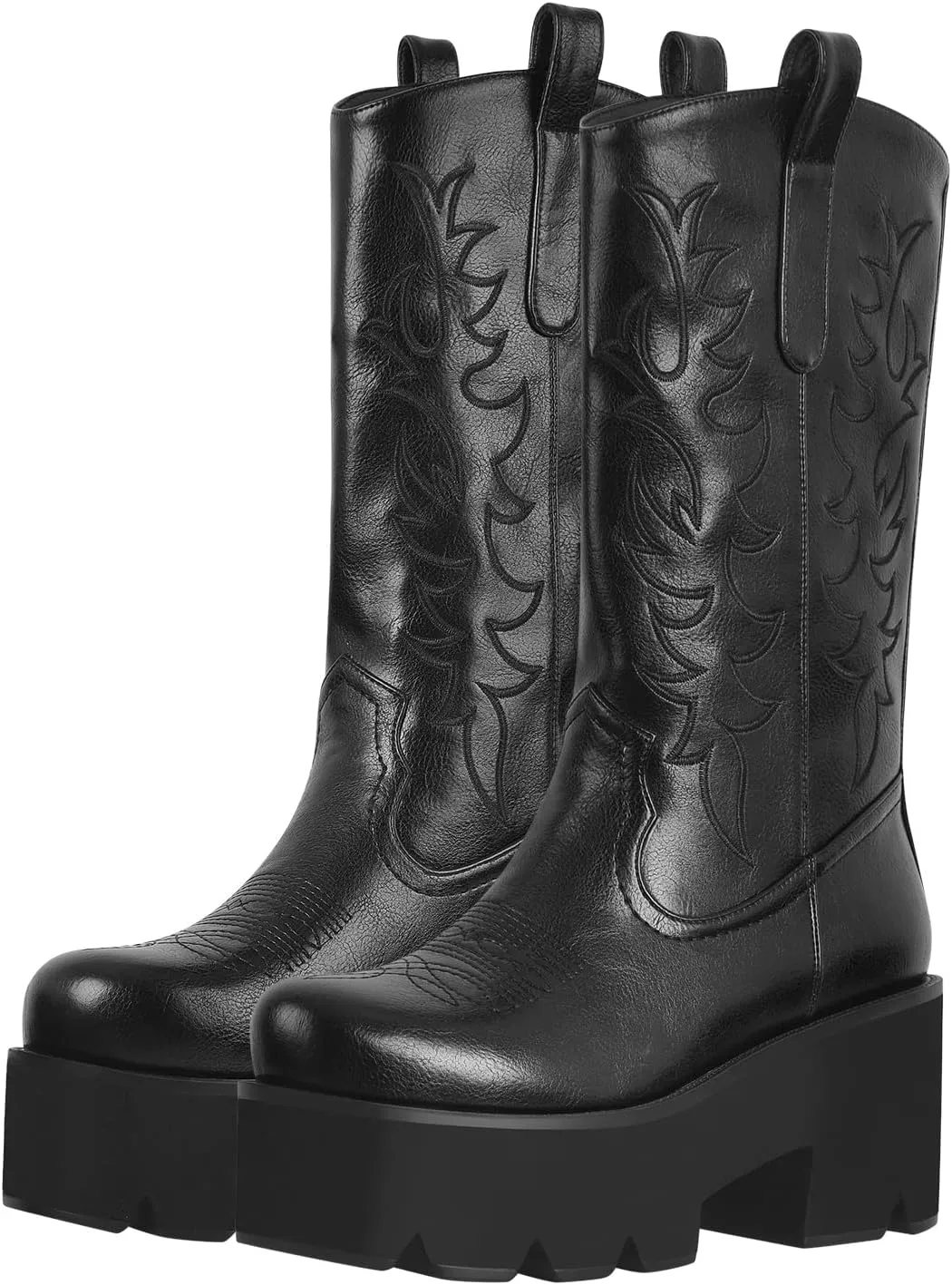 richealnini Mid Calf Boots for Women Embroidered Pull-On Knee High Booties