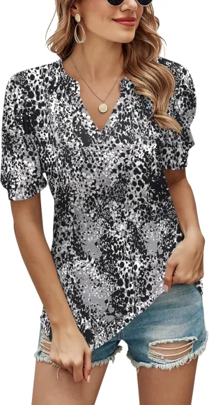 Romanstii Women Casual V-Neck T-Shirts Loose Puff Short Sleeve Tops Tunic Blouses