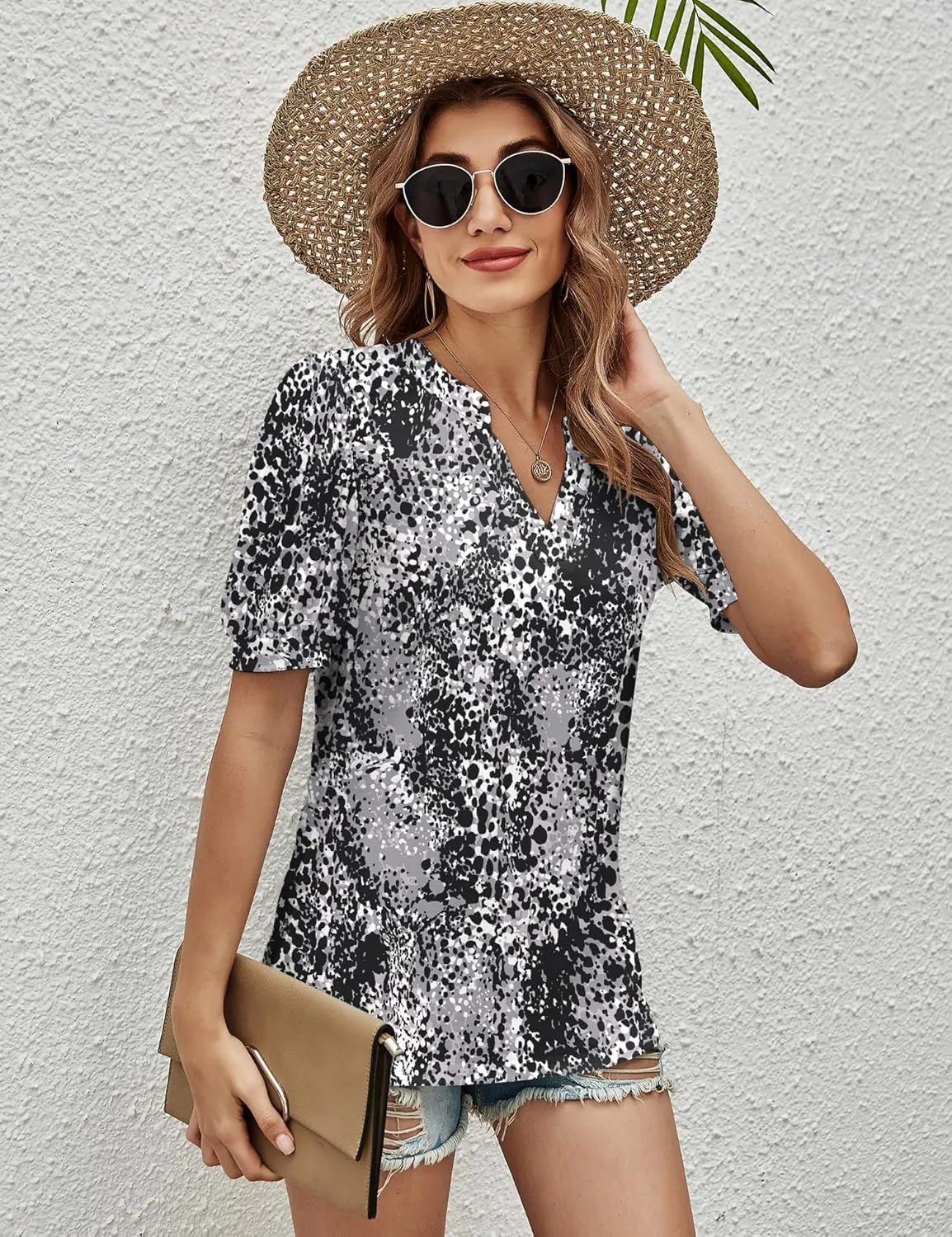 Romanstii Women Casual V-Neck T-Shirts Loose Puff Short Sleeve Tops Tunic Blouses