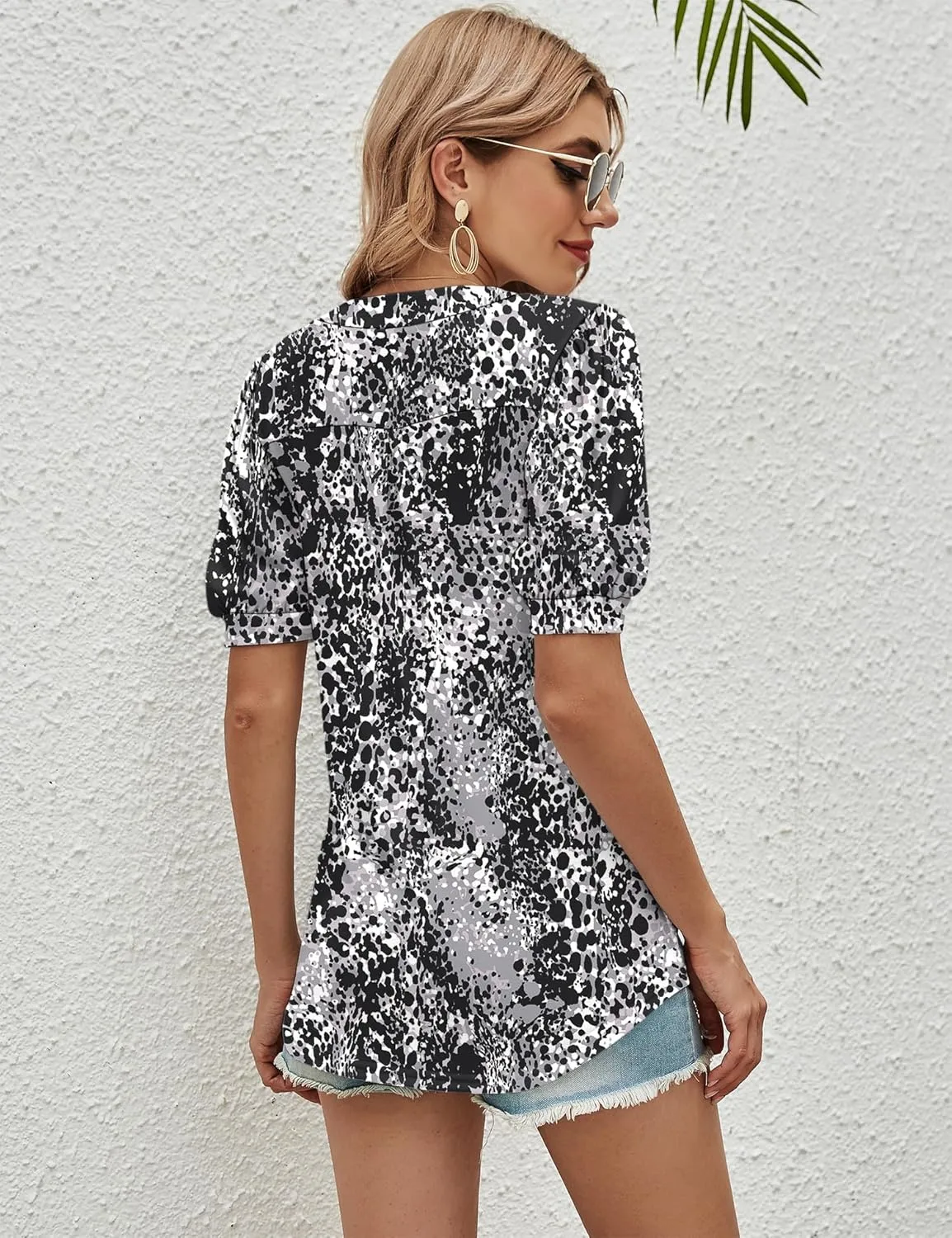 Romanstii Women Casual V-Neck T-Shirts Loose Puff Short Sleeve Tops Tunic Blouses