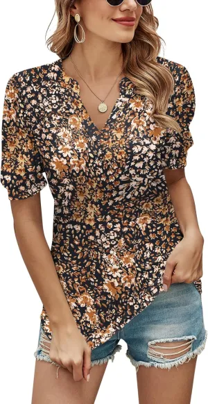 Romanstii Women Casual V-Neck T-Shirts Loose Puff Short Sleeve Tops Tunic Blouses