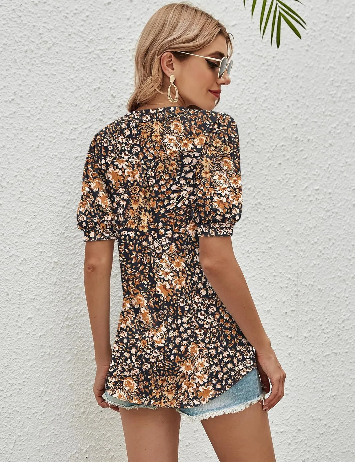 Romanstii Women Casual V-Neck T-Shirts Loose Puff Short Sleeve Tops Tunic Blouses