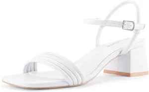 Round Strappy Heels for Women Open Square Toe Chunky Heeled Sandals Ankle Strap Block Low Heels