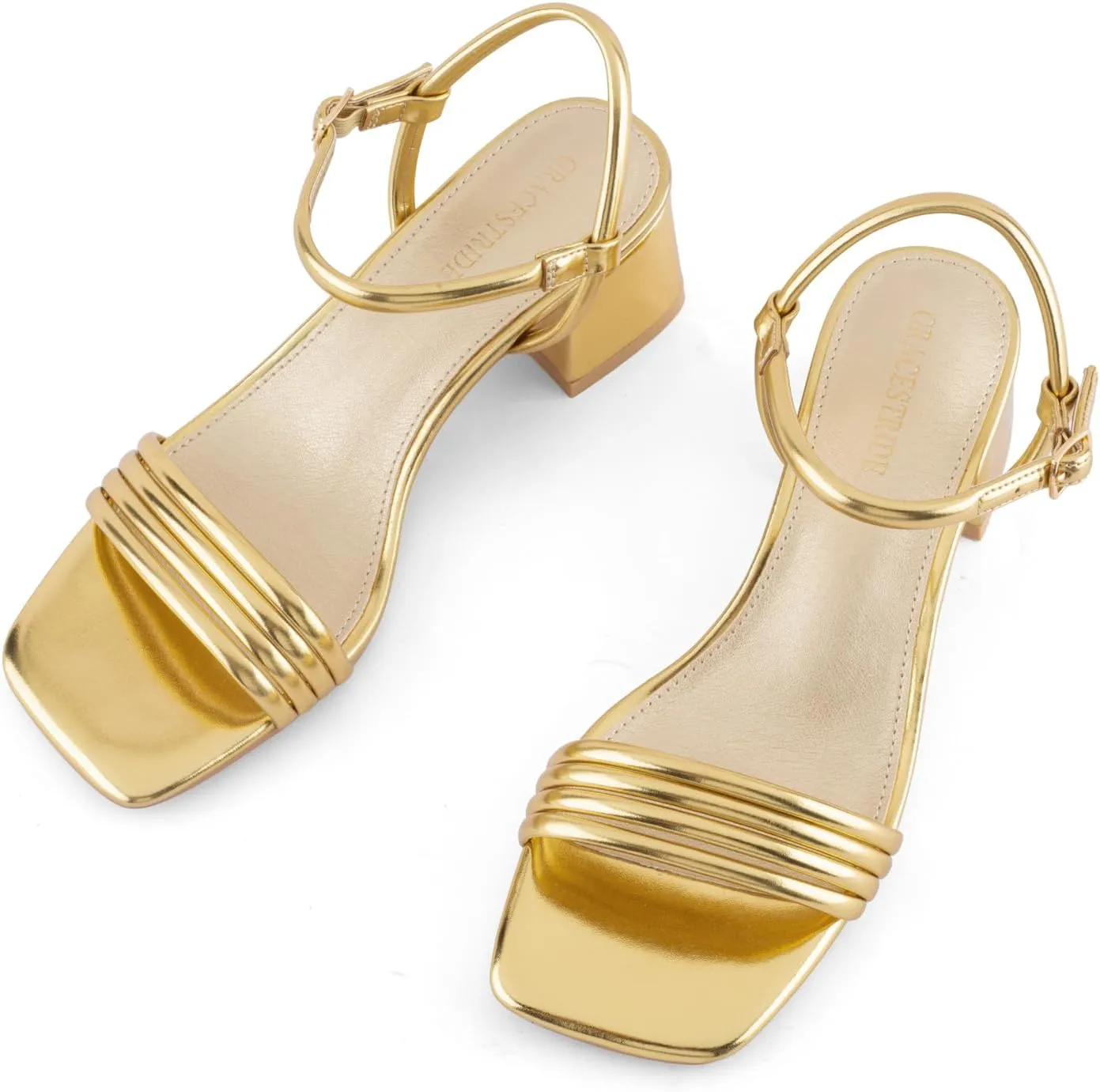 Round Strappy Heels for Women Open Square Toe Chunky Heeled Sandals Ankle Strap Block Low Heels