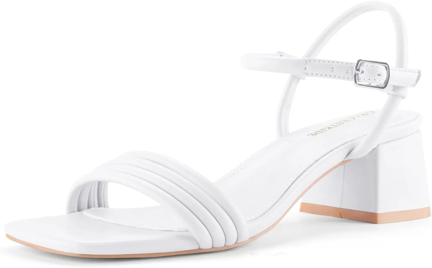 Round Strappy Heels for Women Open Square Toe Chunky Heeled Sandals Ankle Strap Block Low Heels