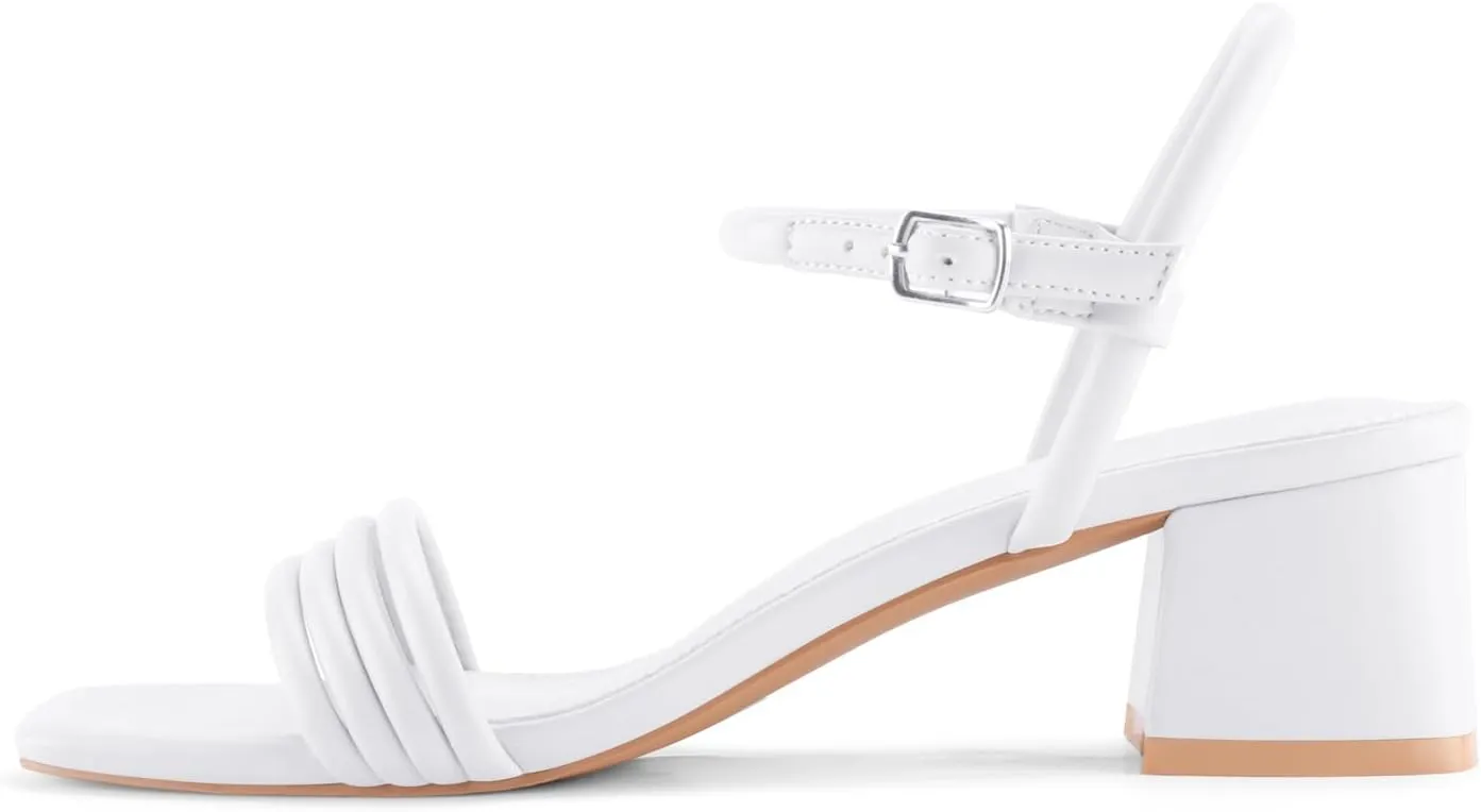 Round Strappy Heels for Women Open Square Toe Chunky Heeled Sandals Ankle Strap Block Low Heels