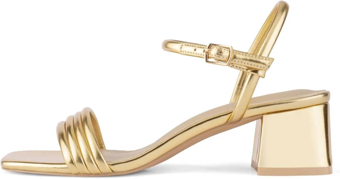 Round Strappy Heels for Women Open Square Toe Chunky Heeled Sandals Ankle Strap Block Low Heels
