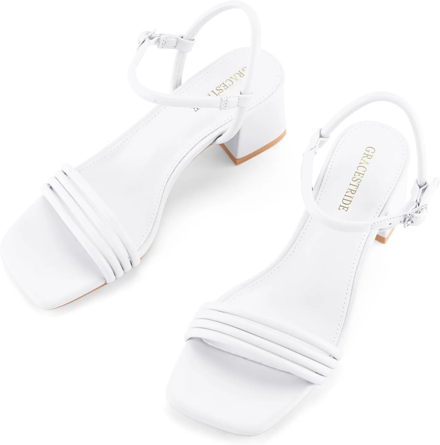 Round Strappy Heels for Women Open Square Toe Chunky Heeled Sandals Ankle Strap Block Low Heels