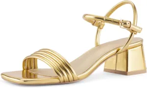 Round Strappy Heels for Women Open Square Toe Chunky Heeled Sandals Ankle Strap Block Low Heels
