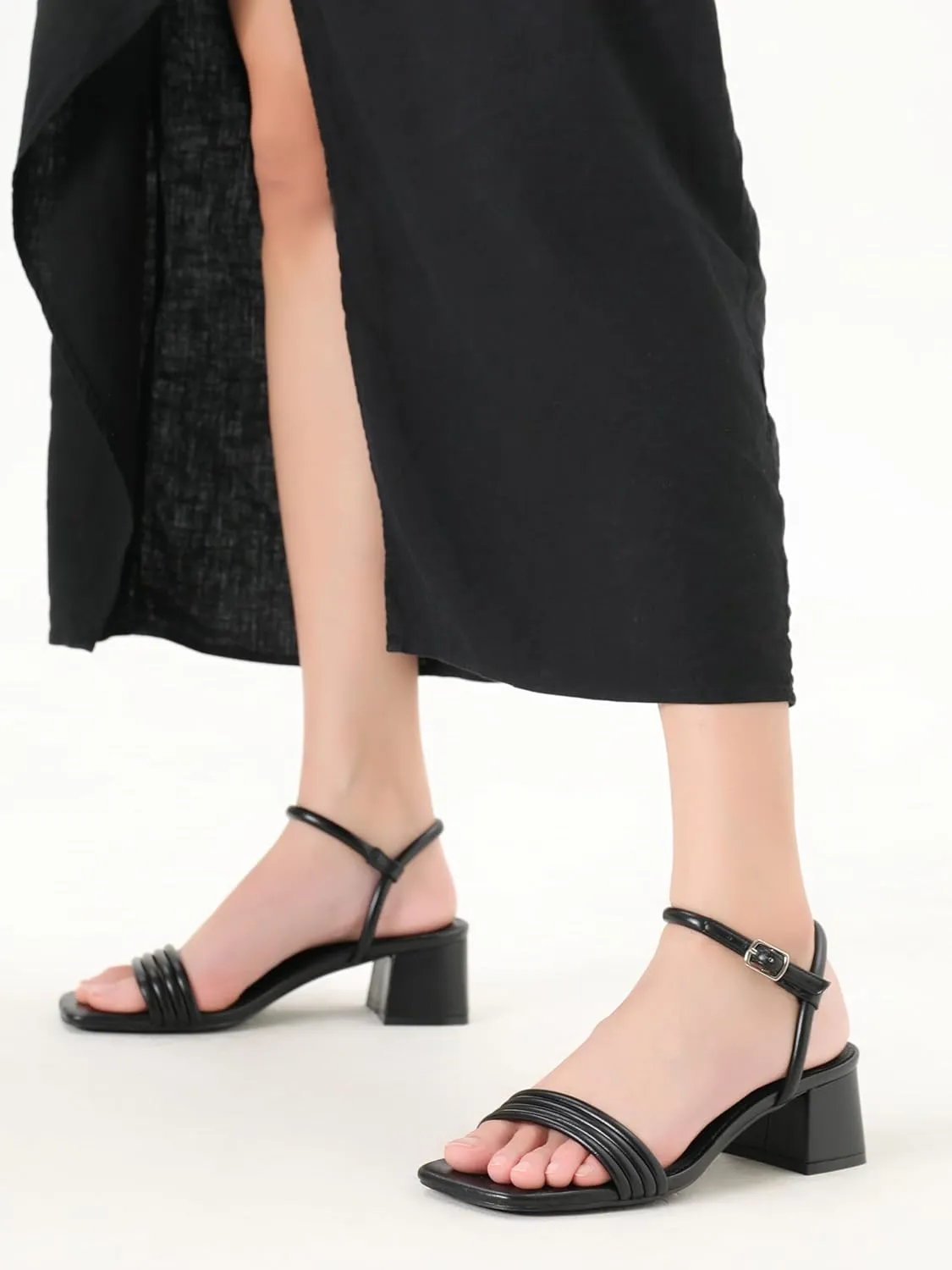 Round Strappy Heels for Women Open Square Toe Chunky Heeled Sandals Ankle Strap Block Low Heels