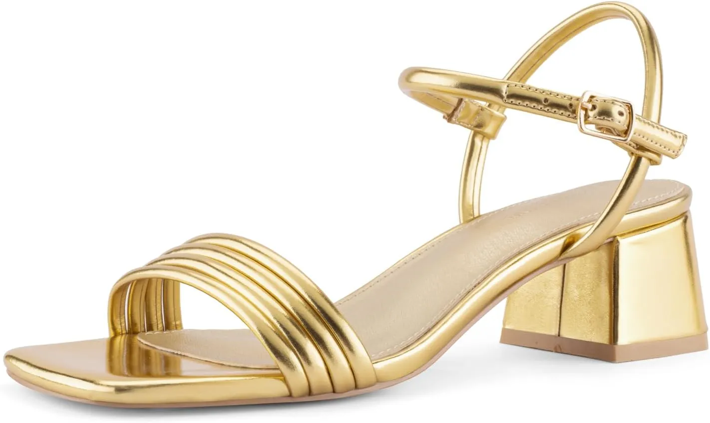 Round Strappy Heels for Women Open Square Toe Chunky Heeled Sandals Ankle Strap Block Low Heels