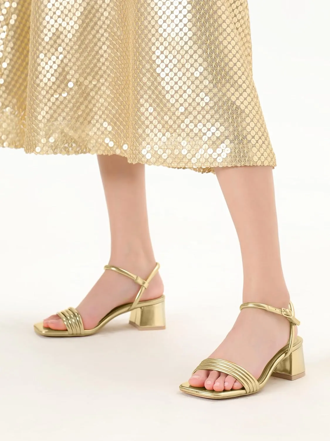 Round Strappy Heels for Women Open Square Toe Chunky Heeled Sandals Ankle Strap Block Low Heels