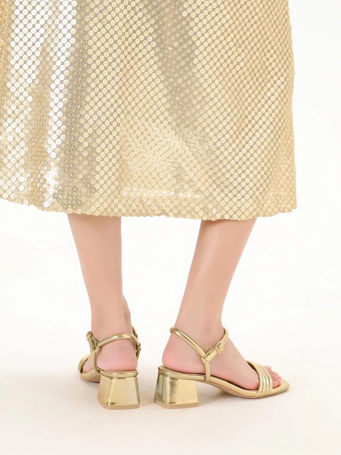 Round Strappy Heels for Women Open Square Toe Chunky Heeled Sandals Ankle Strap Block Low Heels