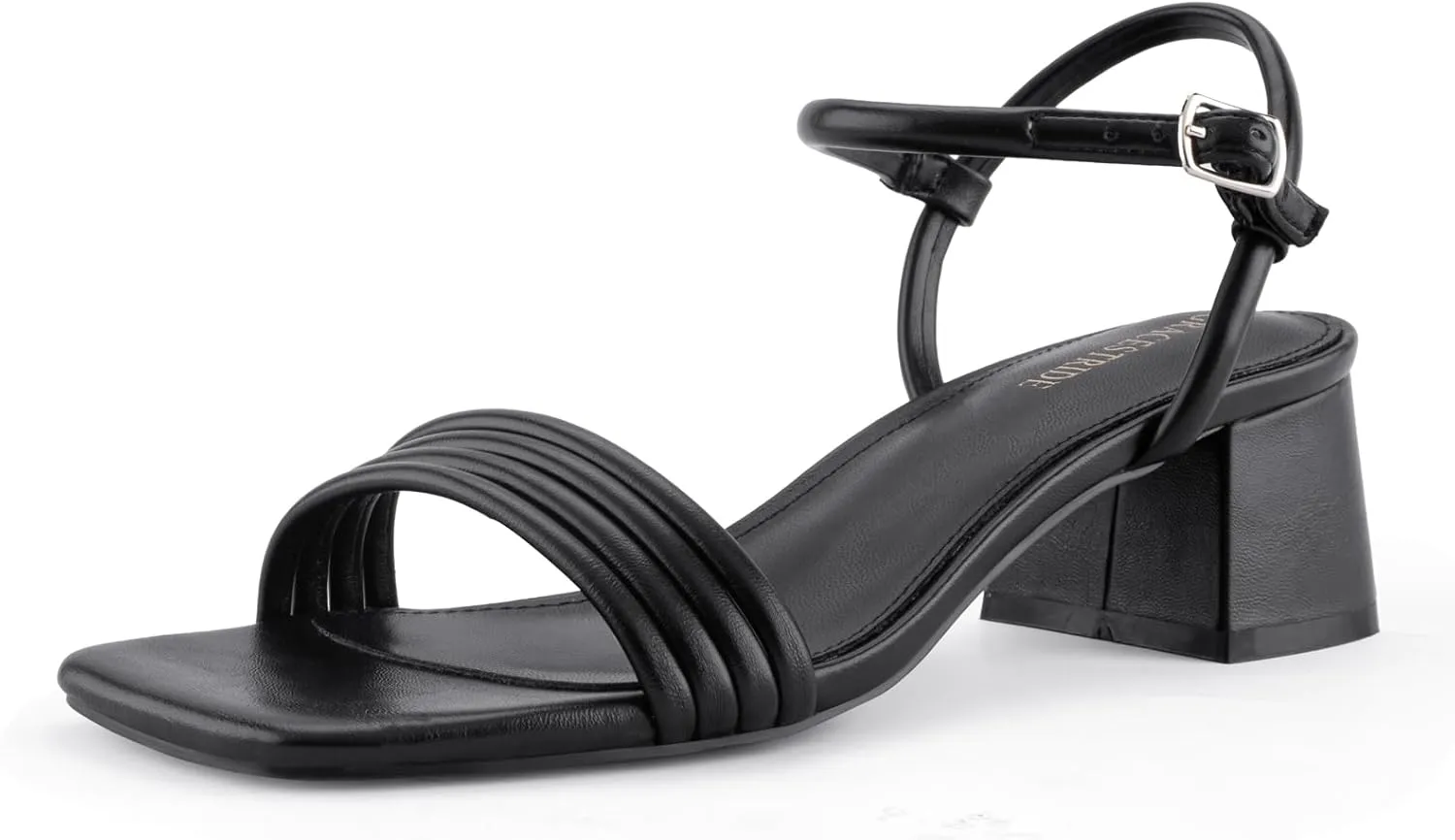 Round Strappy Heels for Women Open Square Toe Chunky Heeled Sandals Ankle Strap Block Low Heels