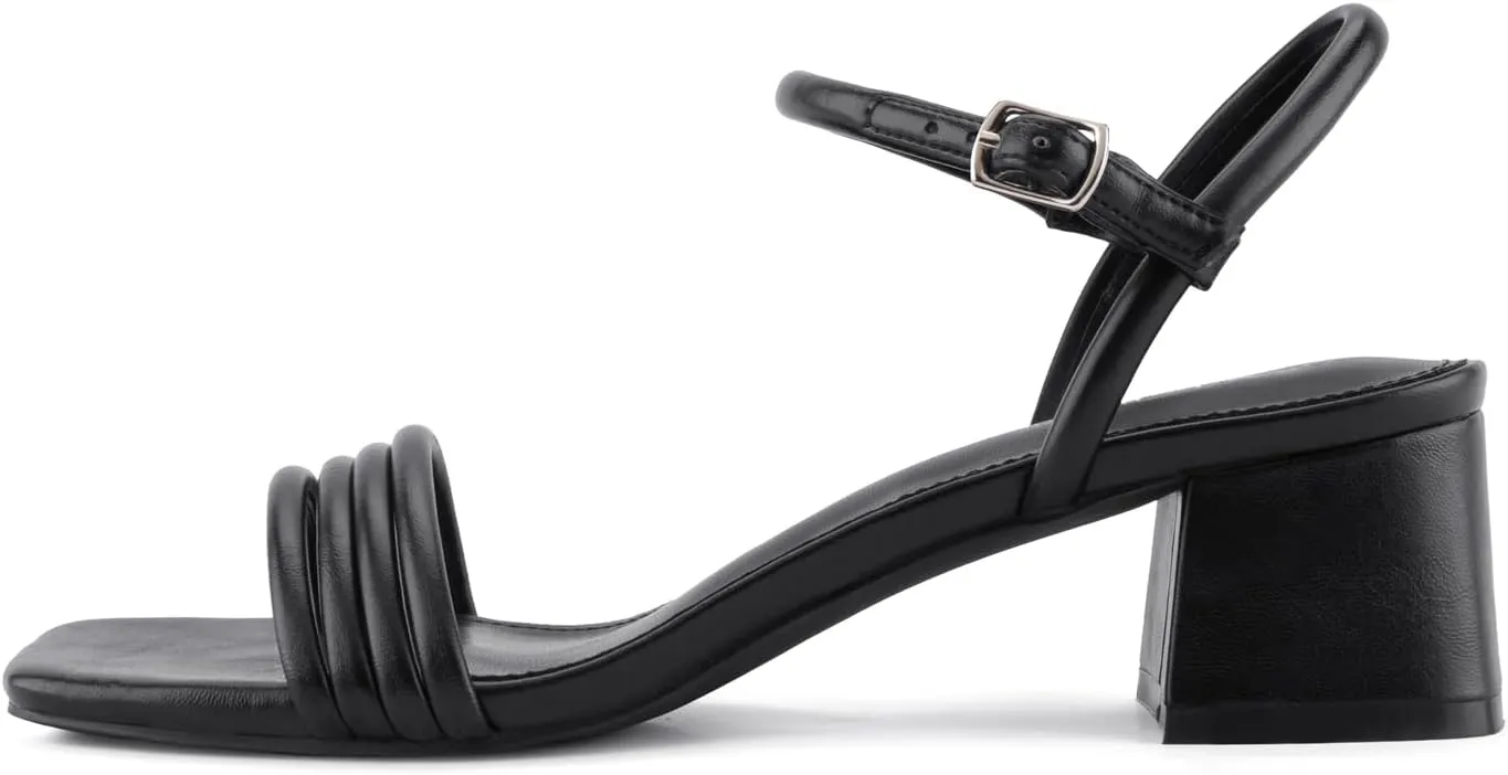 Round Strappy Heels for Women Open Square Toe Chunky Heeled Sandals Ankle Strap Block Low Heels