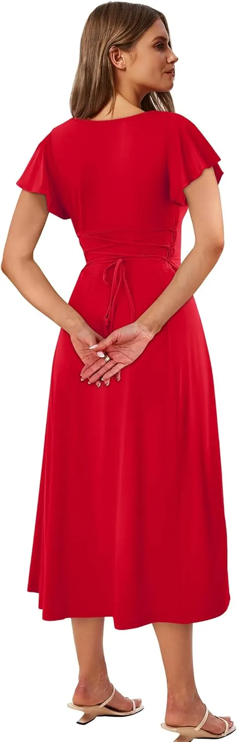 SAMPEEL Summer Dresses for Women 2025 Midi Maxi Dress Elegant Classy Ruffle Sleeve Tie Back Scoop Neck