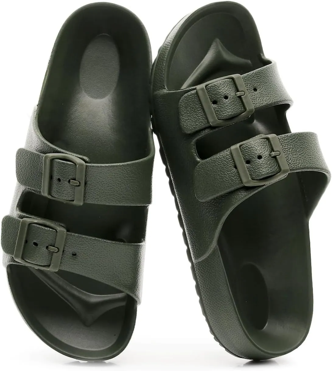 Sandals Slide for Women Double Buckle Adjustable Flat Shoes