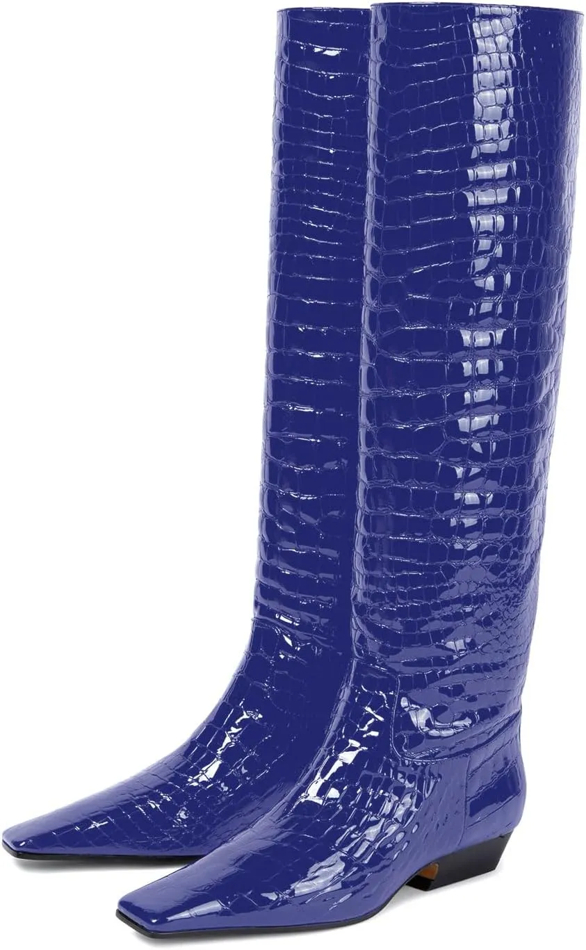 sarawill Women's Square Toe Low Chunky Heel Knee High Boots Wide Calf Fashion Crocodile Pull On Low Heel Fall Winter Dress Tall Boots for Women