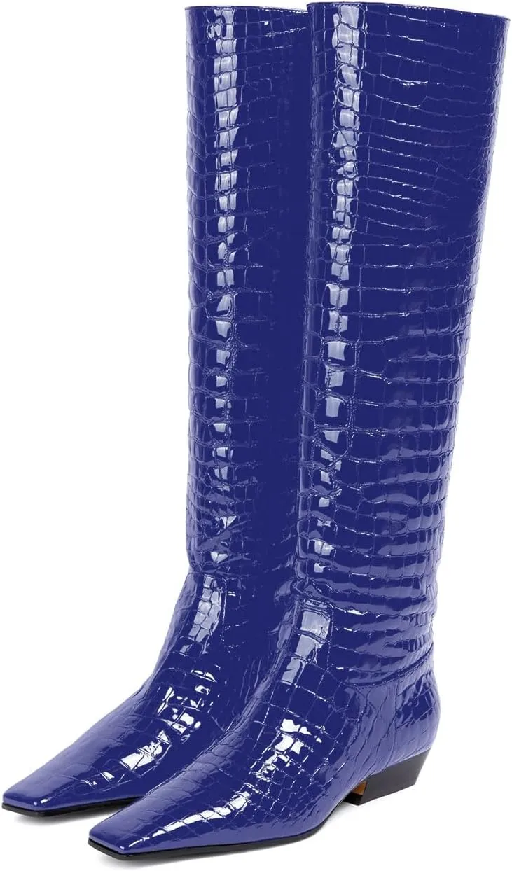 sarawill Women's Square Toe Low Chunky Heel Knee High Boots Wide Calf Fashion Crocodile Pull On Low Heel Fall Winter Dress Tall Boots for Women