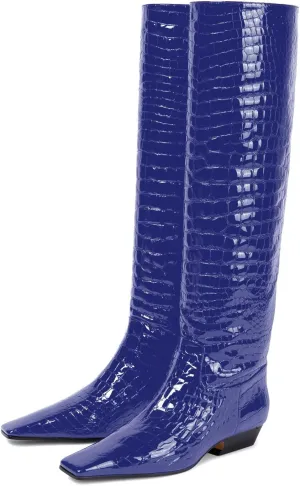 sarawill Women's Square Toe Low Chunky Heel Knee High Boots Wide Calf Fashion Crocodile Pull On Low Heel Fall Winter Dress Tall Boots for Women