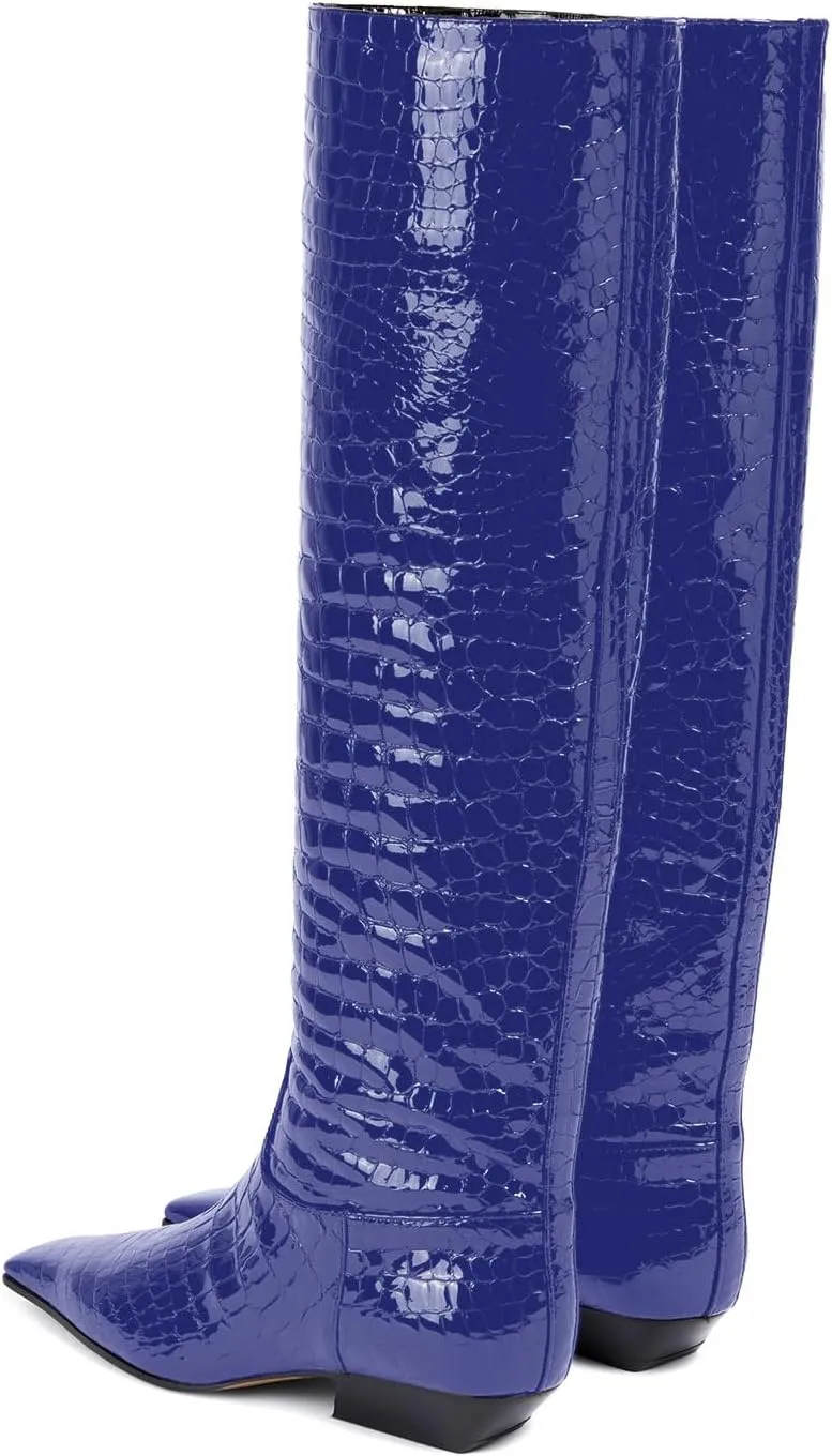sarawill Women's Square Toe Low Chunky Heel Knee High Boots Wide Calf Fashion Crocodile Pull On Low Heel Fall Winter Dress Tall Boots for Women