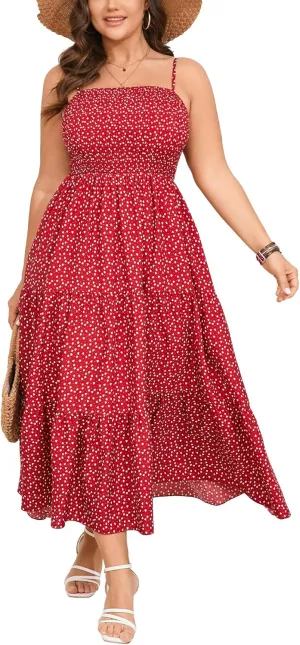 SCOMCHIC Women's Plus Size Summer Maxi Dress Sleeveless Spaghetti Strap Smocked Casual Boho Tiered Long Beach Sun Dresses