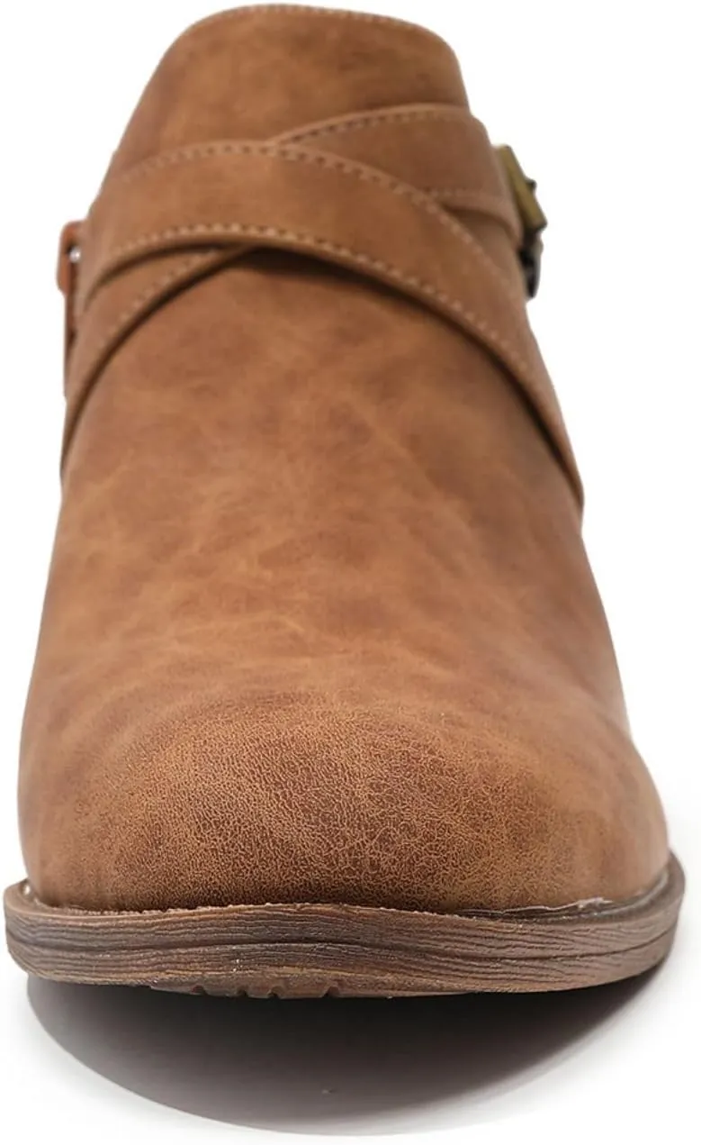 SelRoys Ankle Boots for Women Strap Chunky Stacked Low Heel Classic Pointed Toe Comfortable Side Zipper Booties US6-10.5