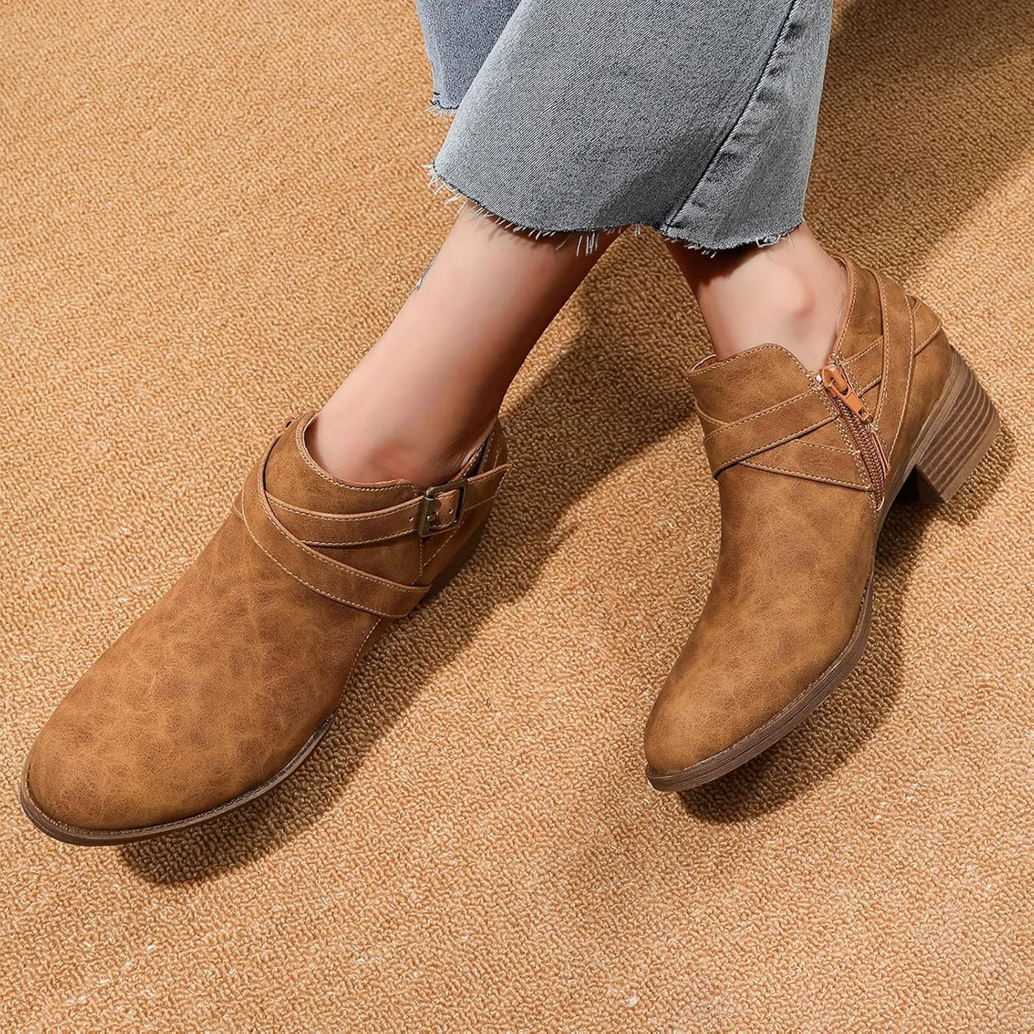 SelRoys Ankle Boots for Women Strap Chunky Stacked Low Heel Classic Pointed Toe Comfortable Side Zipper Booties US6-10.5