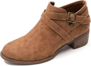 SelRoys Ankle Boots for Women Strap Chunky Stacked Low Heel Classic Pointed Toe Comfortable Side Zipper Booties US6-10.5