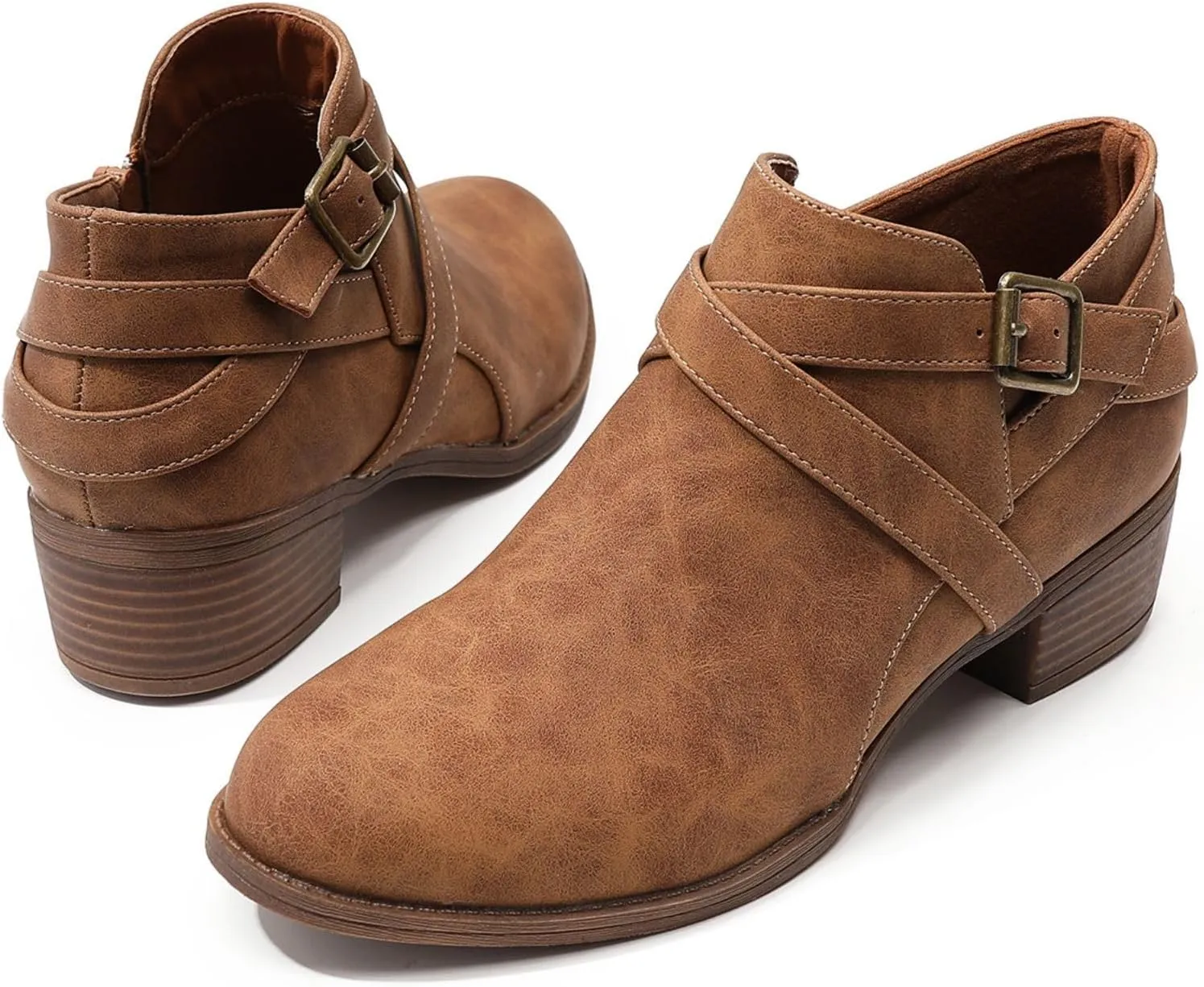 SelRoys Ankle Boots for Women Strap Chunky Stacked Low Heel Classic Pointed Toe Comfortable Side Zipper Booties US6-10.5