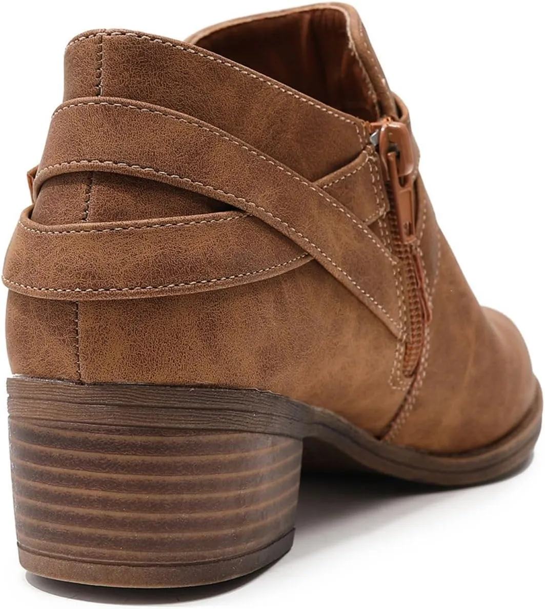 SelRoys Ankle Boots for Women Strap Chunky Stacked Low Heel Classic Pointed Toe Comfortable Side Zipper Booties US6-10.5