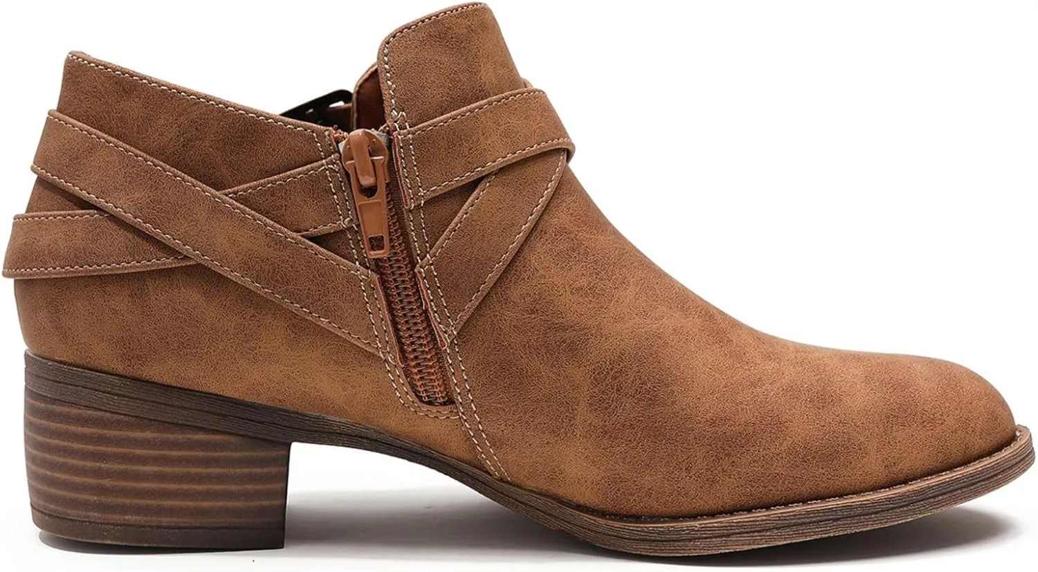 SelRoys Ankle Boots for Women Strap Chunky Stacked Low Heel Classic Pointed Toe Comfortable Side Zipper Booties US6-10.5