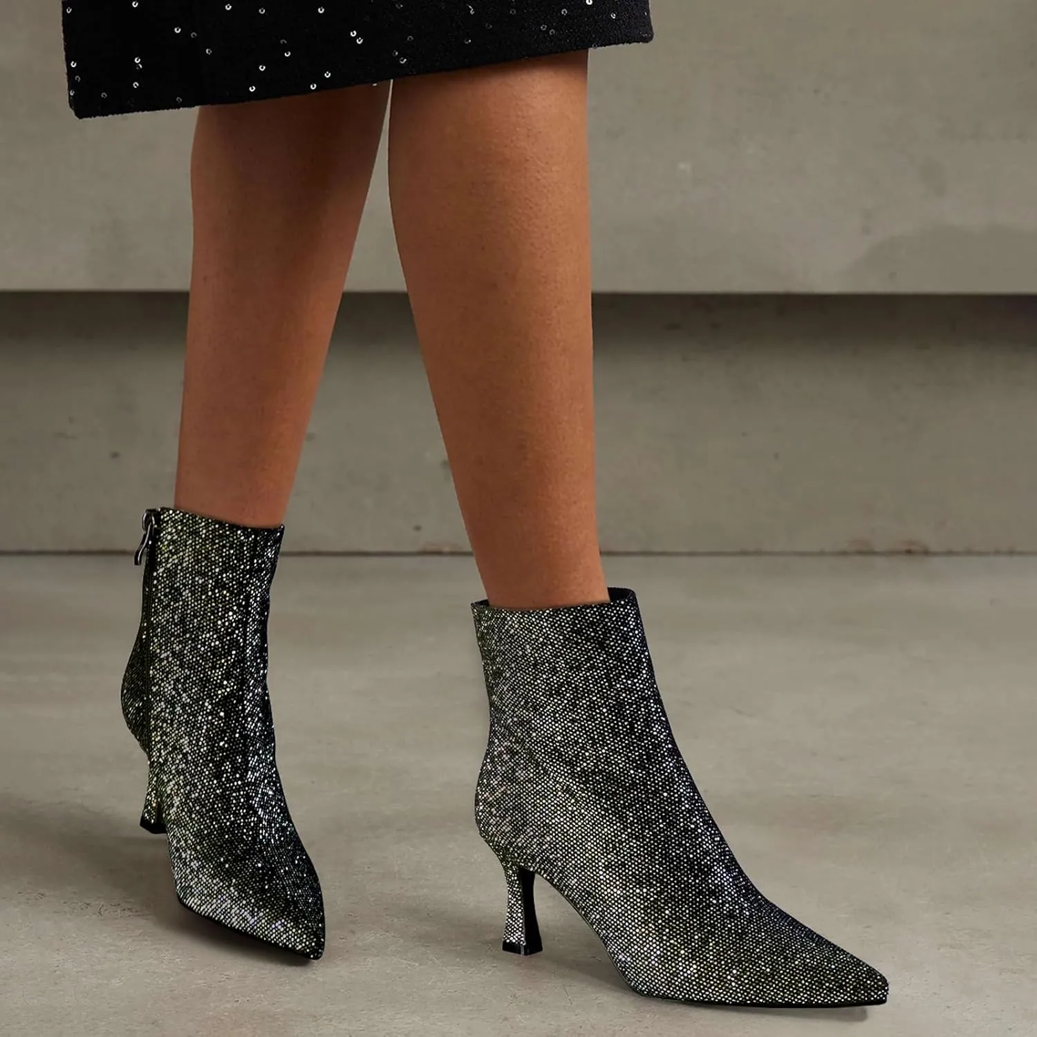 Sequin Ankle Boots for WomenGlitter Pointed Toe Kitten HeelsSparkly Dress Booties for Holiday Party or Night Out