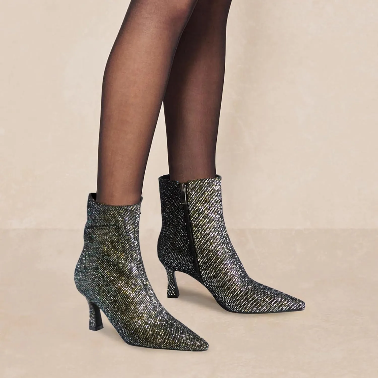 Sequin Ankle Boots for WomenGlitter Pointed Toe Kitten HeelsSparkly Dress Booties for Holiday Party or Night Out