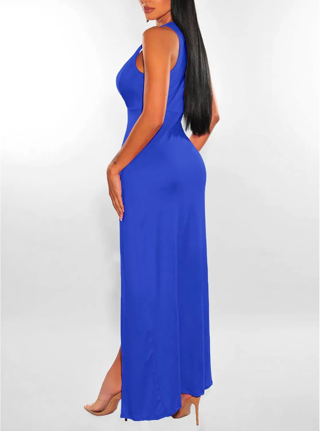 Sexyshine Women's Sexy Deep V Neck Double High Split Side Maxi Dress Sleeveless Long Bodycon Cocktail Evening Dress