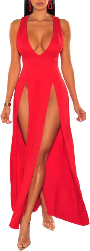 Sexyshine Women's Sexy Deep V Neck Double High Split Side Maxi Dress Sleeveless Long Bodycon Cocktail Evening Dress