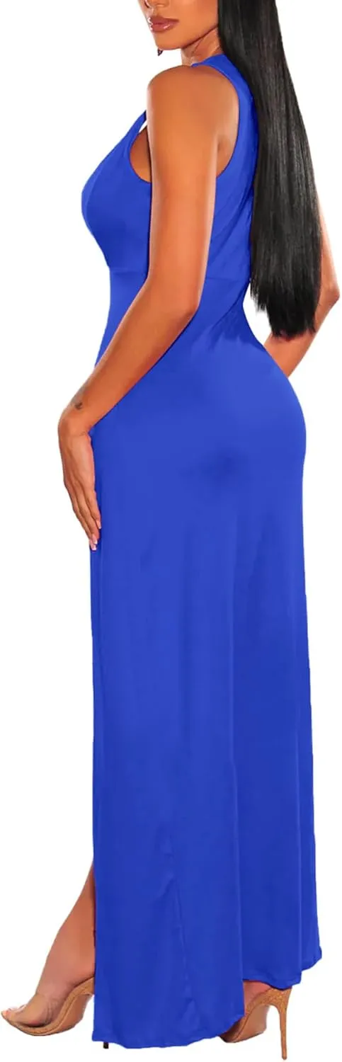 Sexyshine Women's Sexy Deep V Neck Double High Split Side Maxi Dress Sleeveless Long Bodycon Cocktail Evening Dress