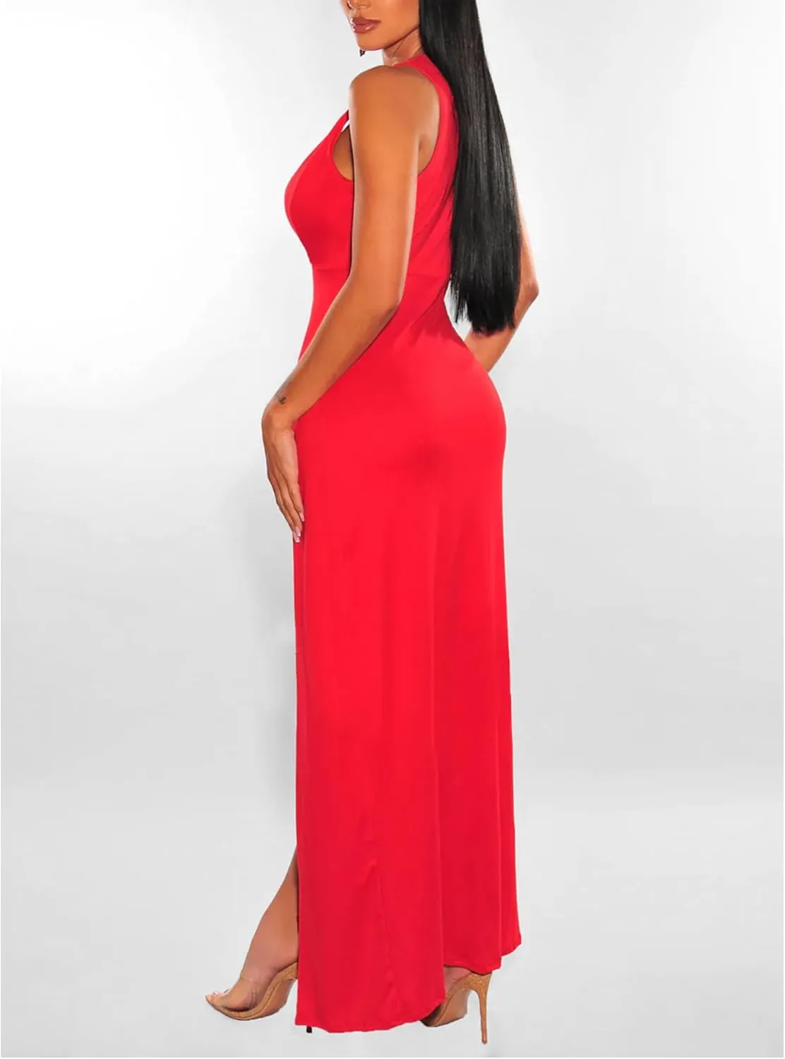 Sexyshine Women's Sexy Deep V Neck Double High Split Side Maxi Dress Sleeveless Long Bodycon Cocktail Evening Dress