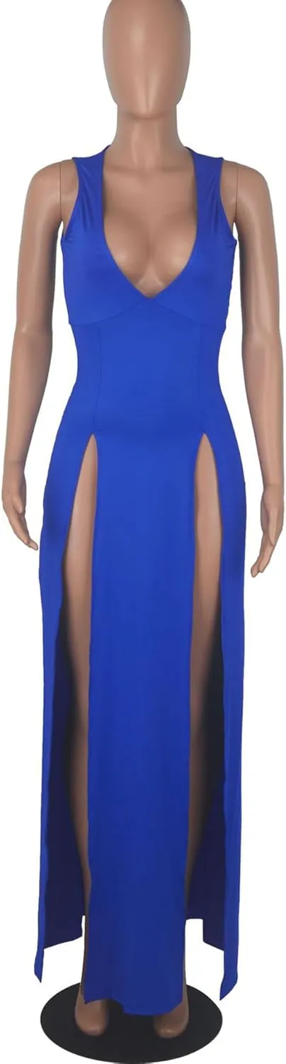 Sexyshine Women's Sexy Deep V Neck Double High Split Side Maxi Dress Sleeveless Long Bodycon Cocktail Evening Dress