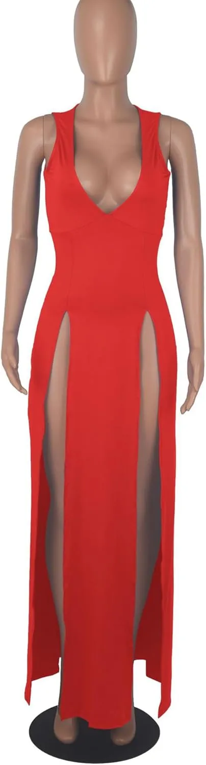 Sexyshine Women's Sexy Deep V Neck Double High Split Side Maxi Dress Sleeveless Long Bodycon Cocktail Evening Dress