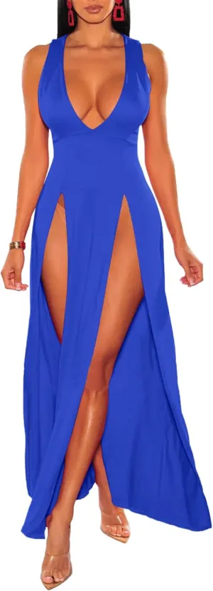 Sexyshine Women's Sexy Deep V Neck Double High Split Side Maxi Dress Sleeveless Long Bodycon Cocktail Evening Dress