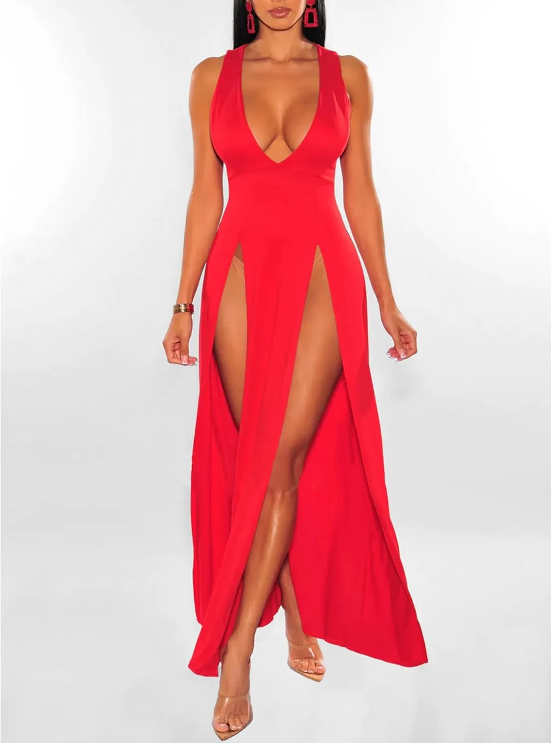Sexyshine Women's Sexy Deep V Neck Double High Split Side Maxi Dress Sleeveless Long Bodycon Cocktail Evening Dress