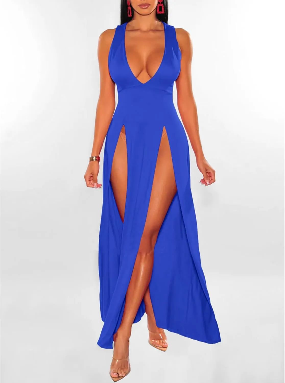 Sexyshine Women's Sexy Deep V Neck Double High Split Side Maxi Dress Sleeveless Long Bodycon Cocktail Evening Dress