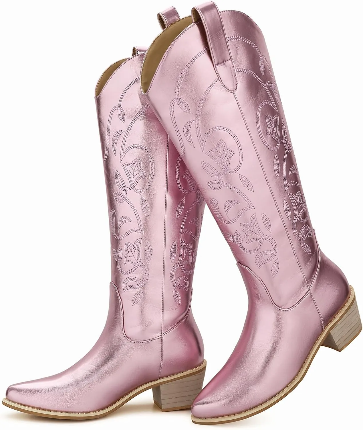 SHIBEVER Cowboy Cowgirl Boots for Women: Women's Knee-High Boots Wide Calf Tall Chunky Heel Embroidered Western Botas