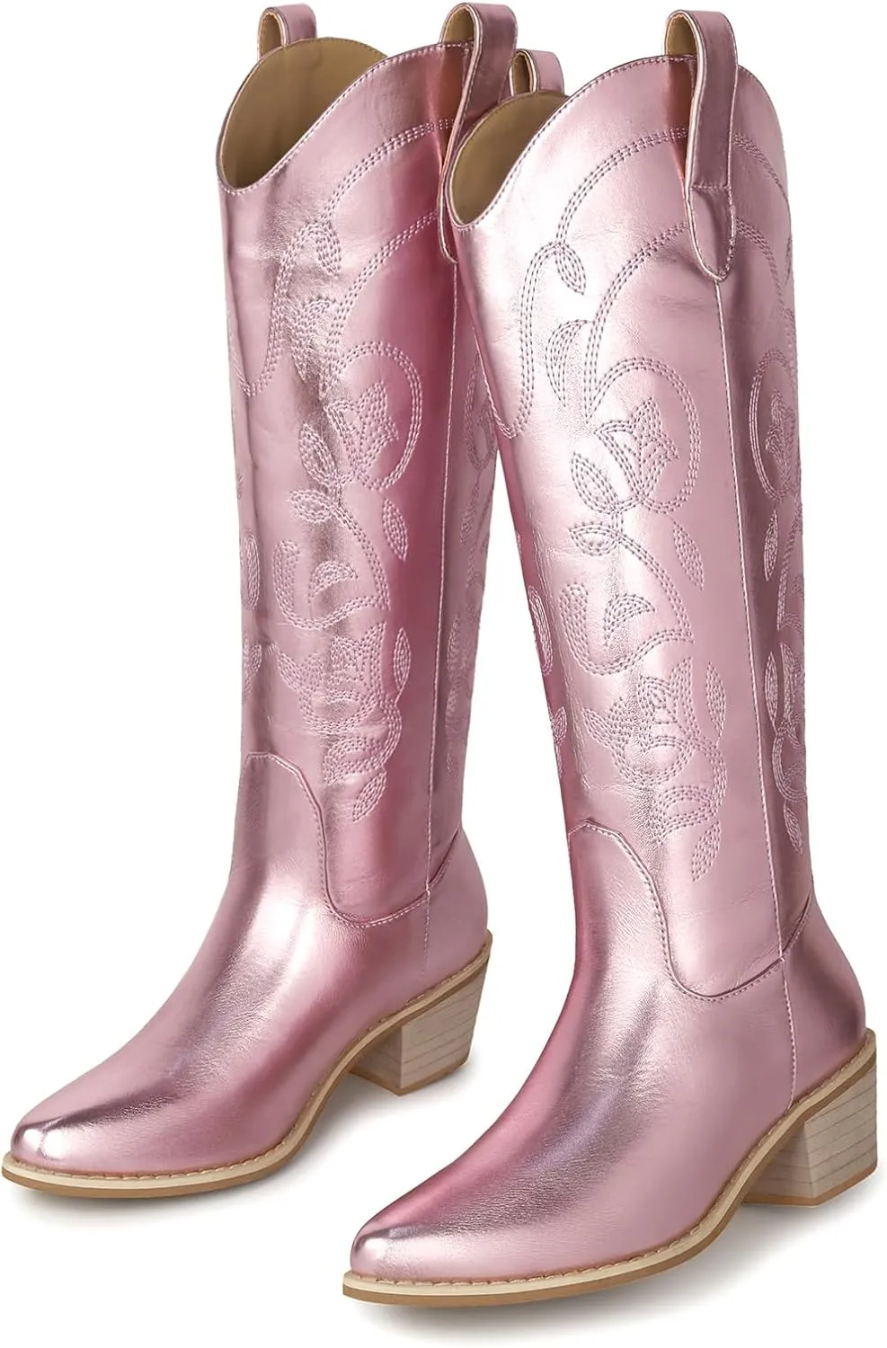 SHIBEVER Cowboy Cowgirl Boots for Women: Women's Knee-High Boots Wide Calf Tall Chunky Heel Embroidered Western Botas