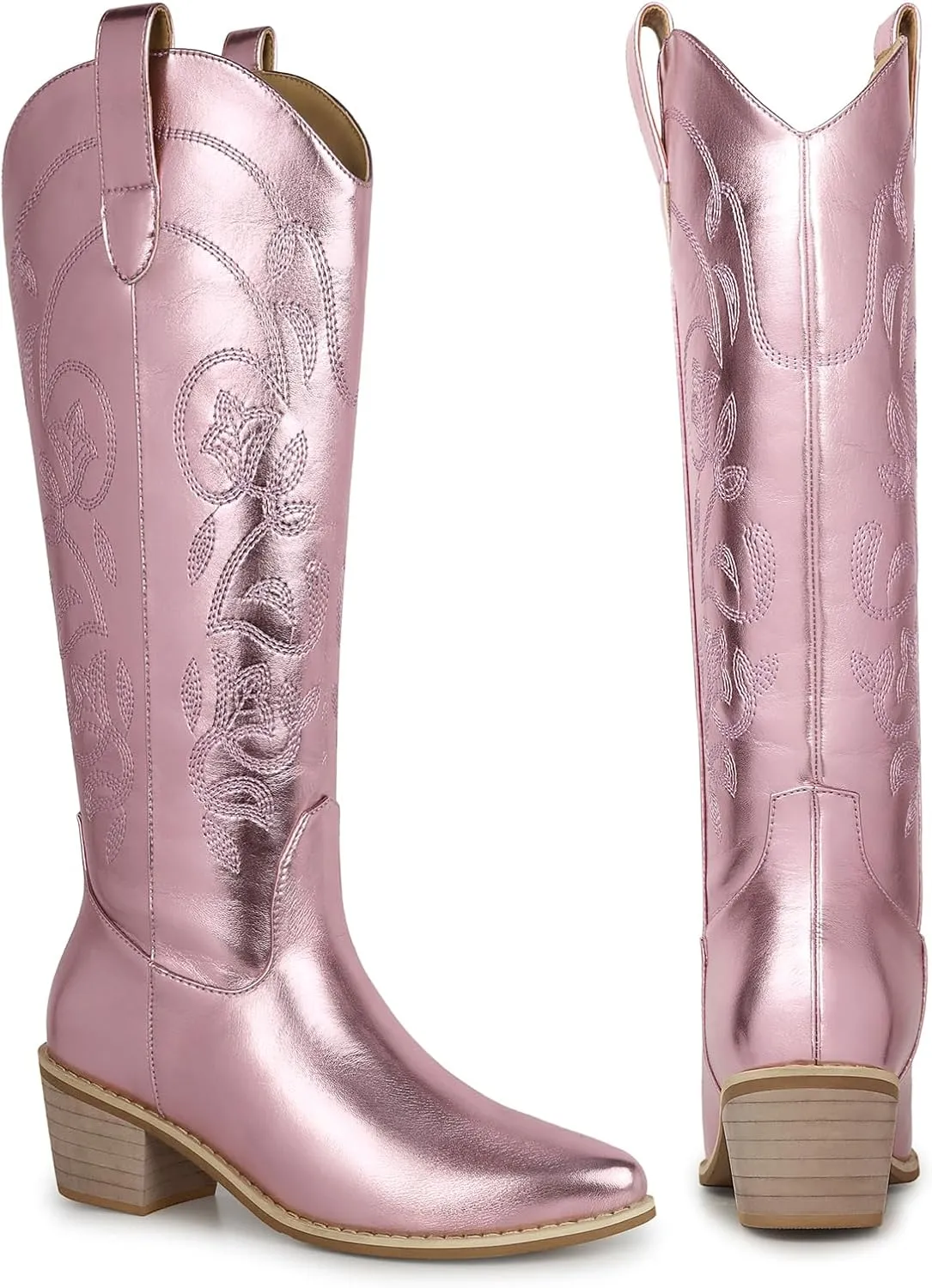 SHIBEVER Cowboy Cowgirl Boots for Women: Women's Knee-High Boots Wide Calf Tall Chunky Heel Embroidered Western Botas
