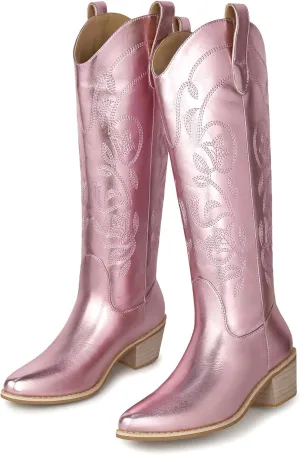 SHIBEVER Cowboy Cowgirl Boots for Women: Women's Knee-High Boots Wide Calf Tall Chunky Heel Embroidered Western Botas
