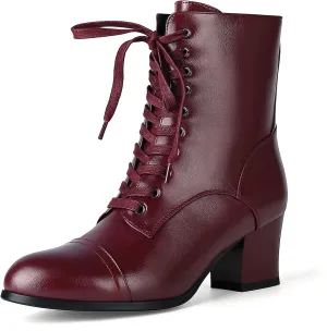 Short Ankle Boots Lace Up for Women Side Zipper Victorian Booties Block Chunky Mid Heel