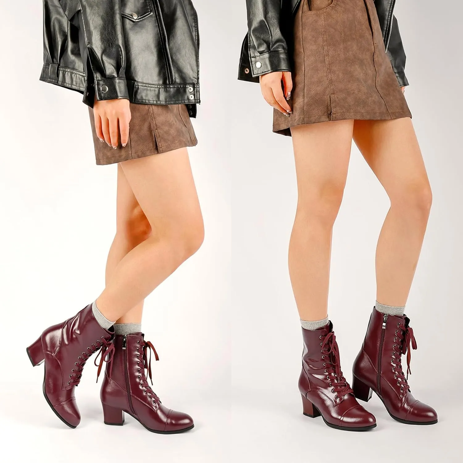 Short Ankle Boots Lace Up for Women Side Zipper Victorian Booties Block Chunky Mid Heel
